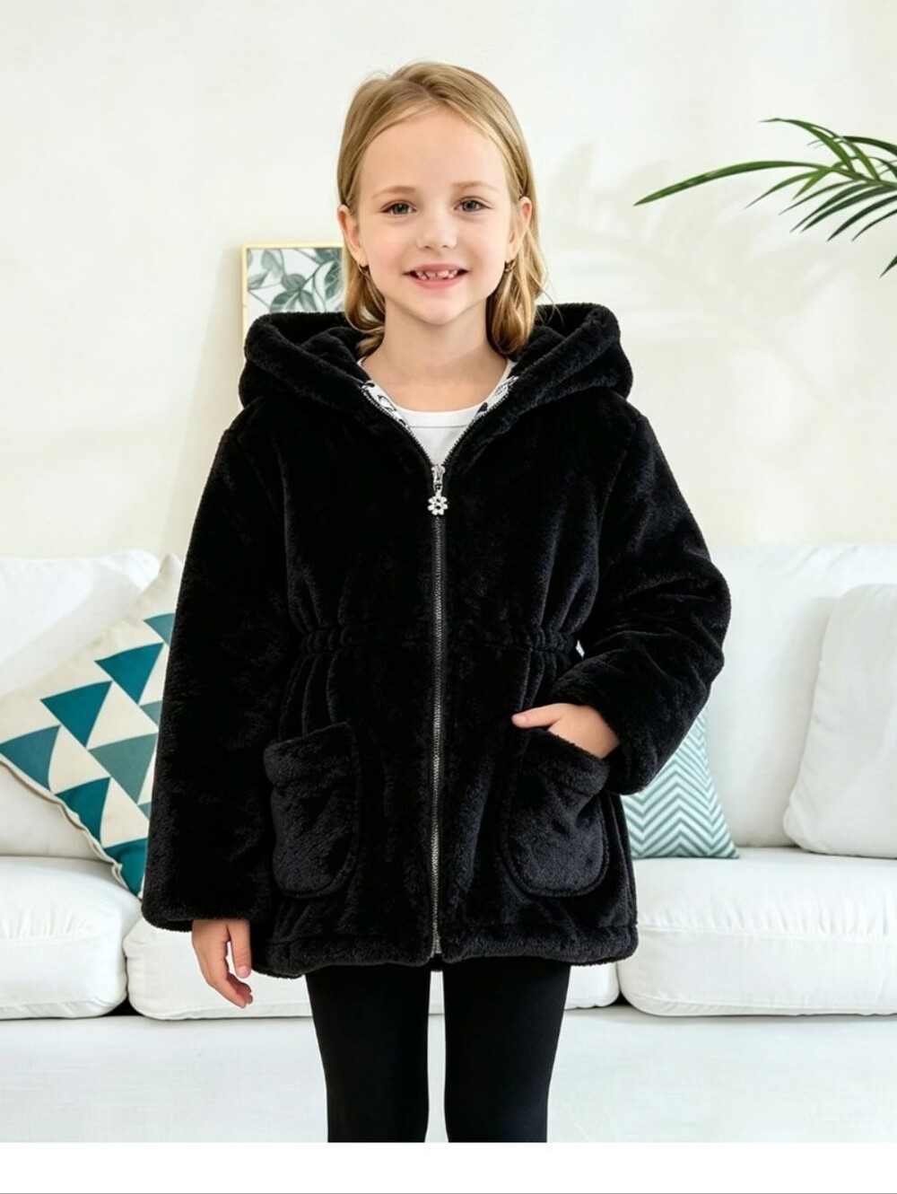 Kids Black Hooded Faux-Fur Jacket With Bear Ears